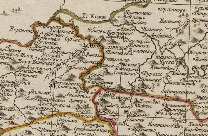 Мензелинск на карте Уфимского наместничества из атласа горного училища 1792 года