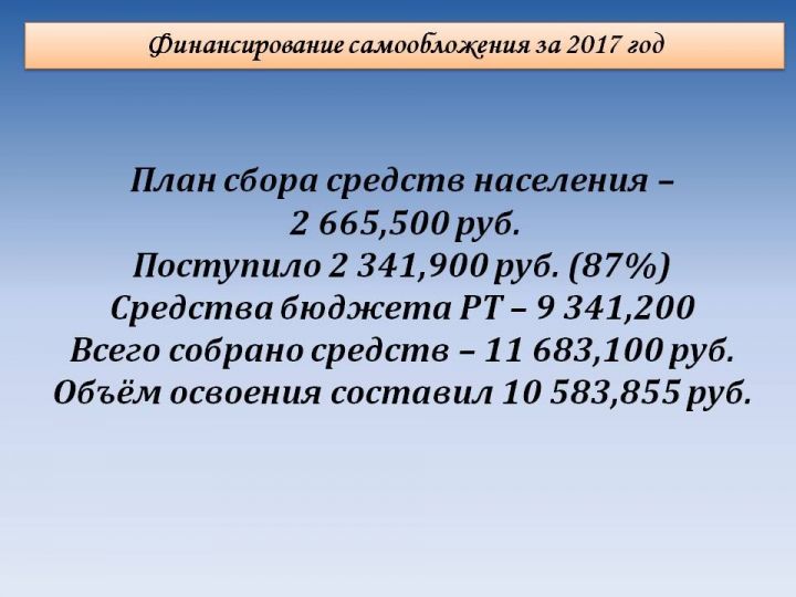В Мензелинске на 2018 год по самообложению собрано 11 683,100 рублей из них 2 341,900 рублей отдали жители