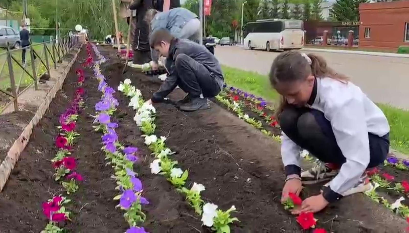 Учащиеся школ и гимназии высадили цветы по улице К.Маркса